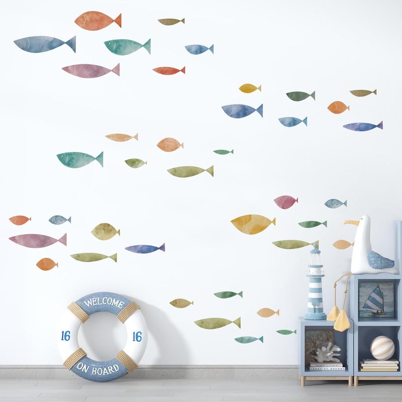 Kasubeso 62 Pcs Watercolor Ocean Fish Wall Decals, Peel and Stick Ocean Wall Sticker, Removable Vibrant Sea Life Underwater Theme Wall Decor for Kids Room Nursery Bedroom Playroom Classroom - Image 1